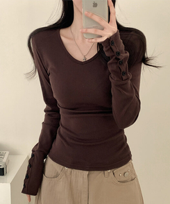Vネック袖ボタン長袖Tシャツ(7color) BROWN