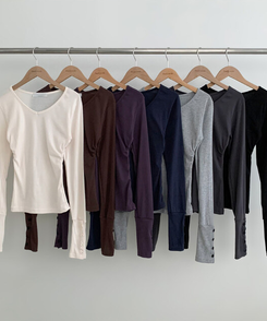 Vネック袖ボタン長袖Tシャツ(7color)