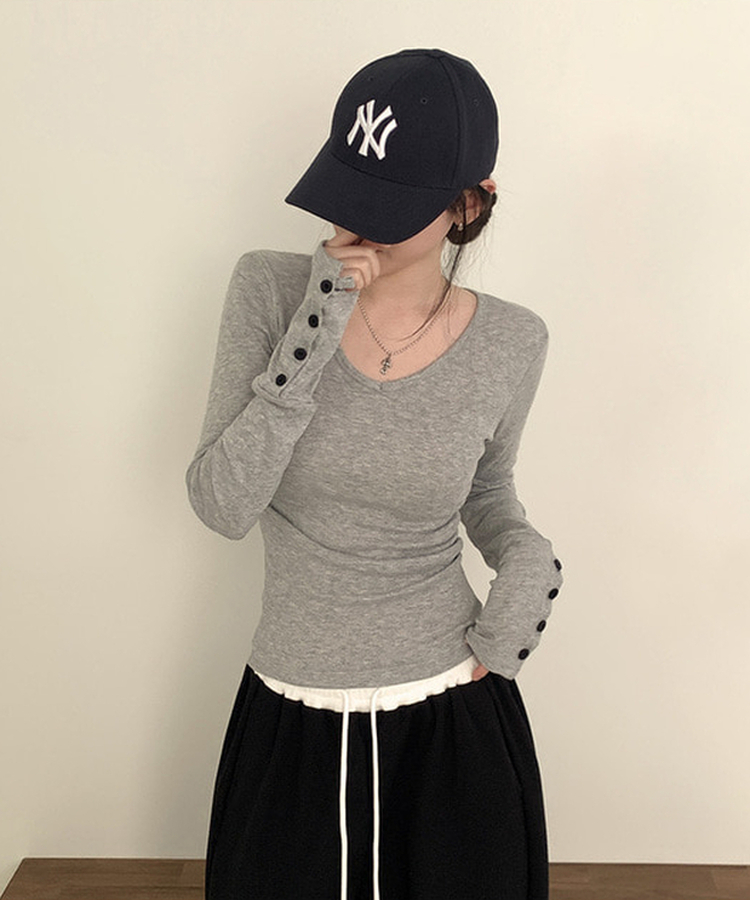 Vネック袖ボタン長袖Tシャツ(7color) MELANGE