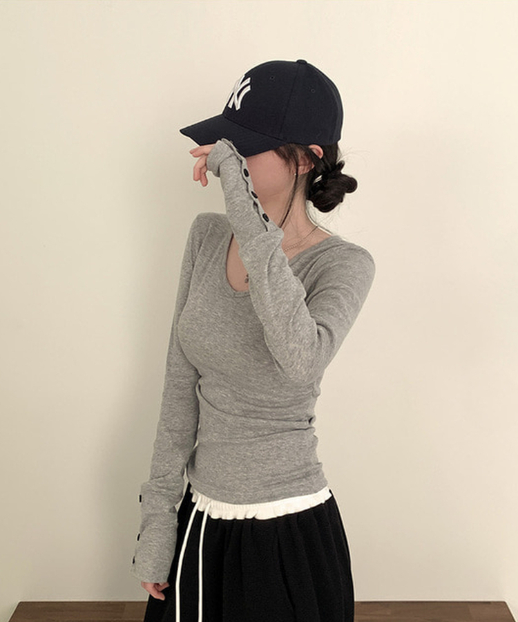 Vネック袖ボタン長袖Tシャツ(7color) MELANGE