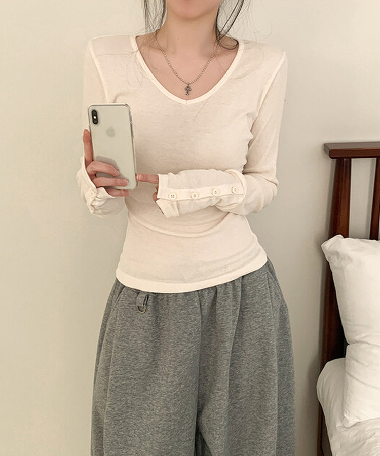 Vネック袖ボタン長袖Tシャツ(7color) CREAM