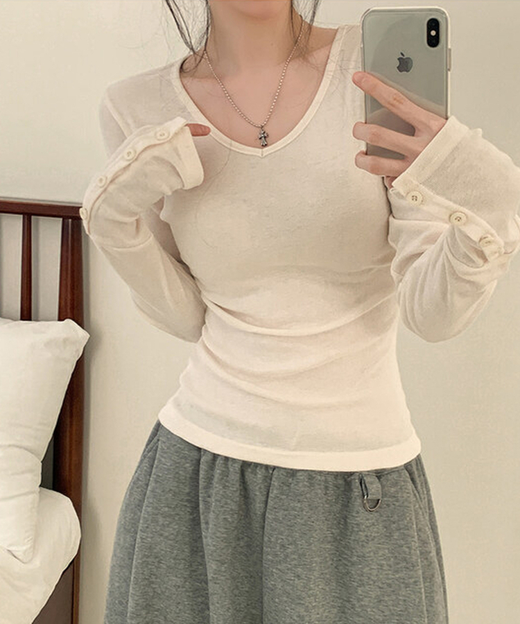 Vネック袖ボタン長袖Tシャツ(7color) CREAM
