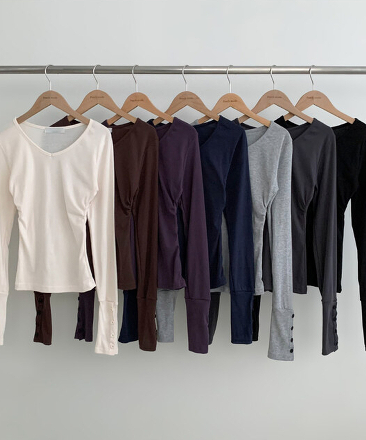 Vネック袖ボタン長袖Tシャツ(7color)