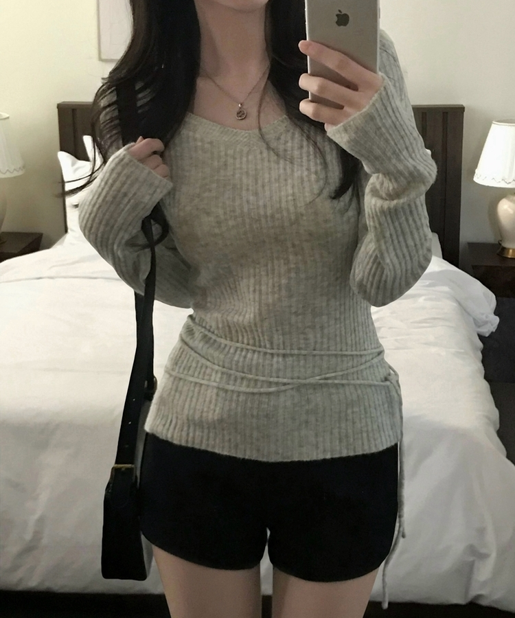 손등덮는 여리핏 오프숄더 끈 세트 골지니트티 그레이