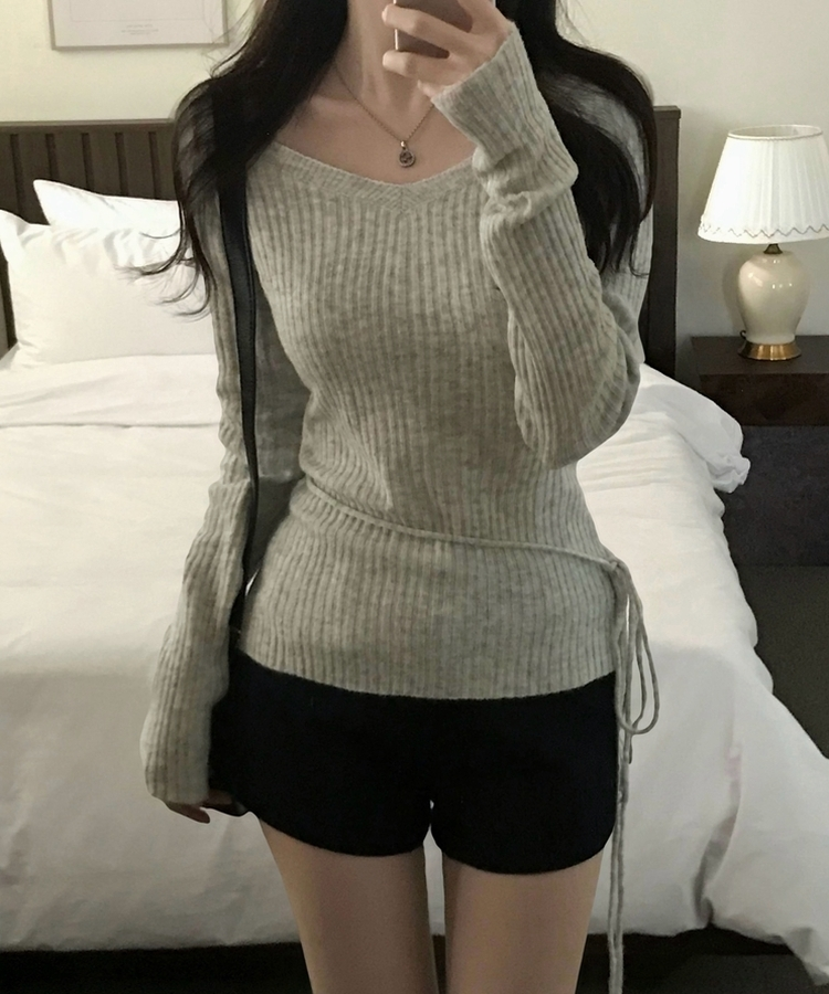 손등덮는 여리핏 오프숄더 끈 세트 골지니트티 그레이