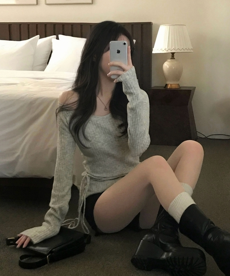 손등덮는 여리핏 오프숄더 끈 세트 골지니트티 그레이