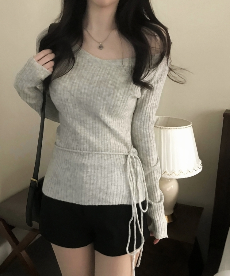 손등덮는 여리핏 오프숄더 끈 세트 골지니트티 그레이