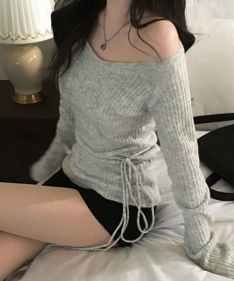 손등덮는 여리핏 오프숄더 끈 세트 골지니트티 그레이