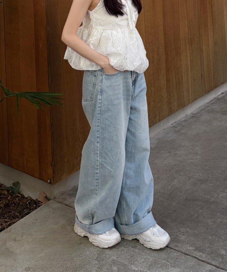 워싱 와이드 데님 팬츠 연청