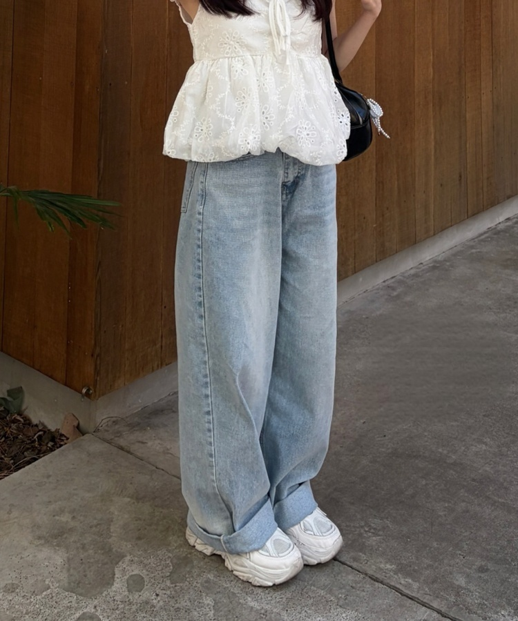 워싱 와이드 데님 팬츠 연청