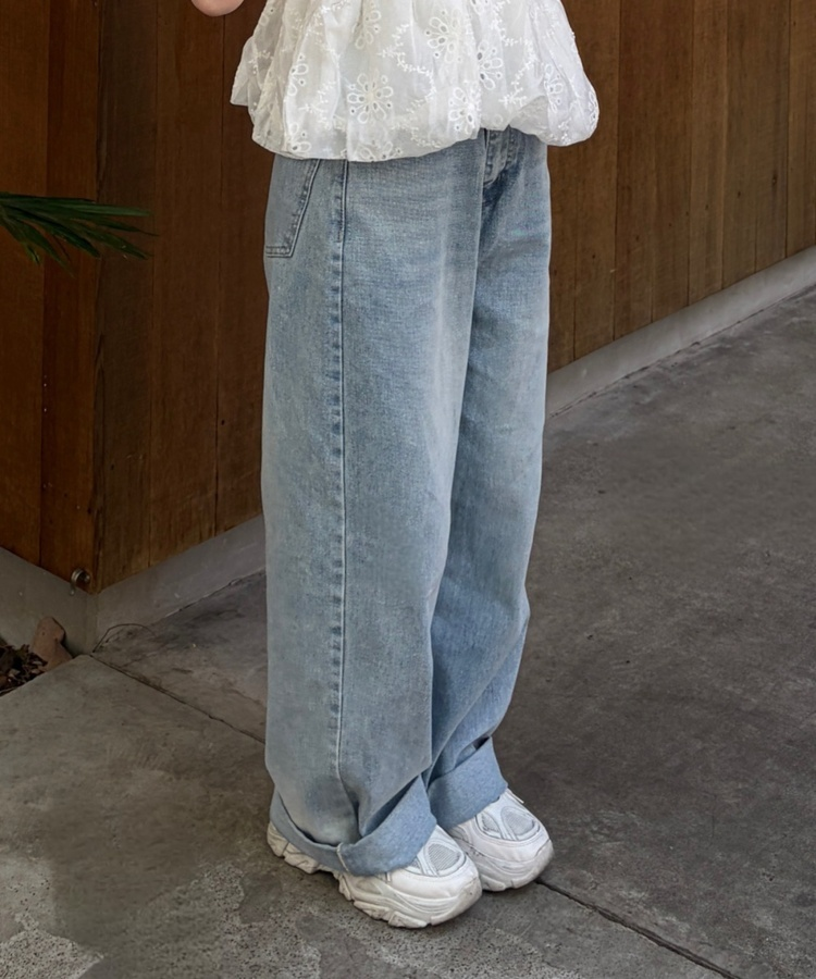 워싱 와이드 데님 팬츠 연청