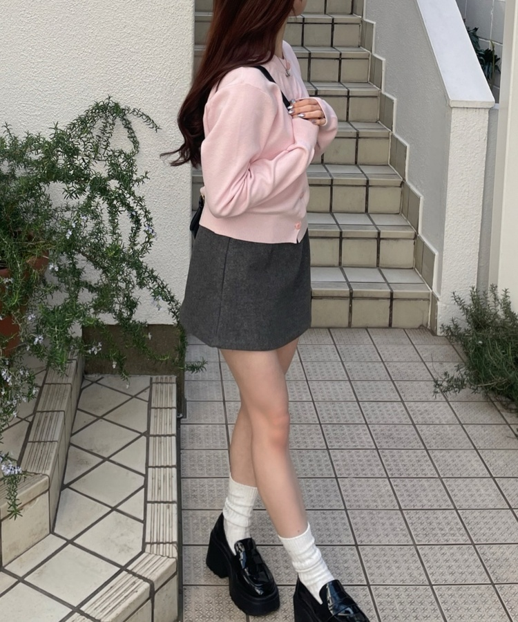 라운드 니트가디건 핑크