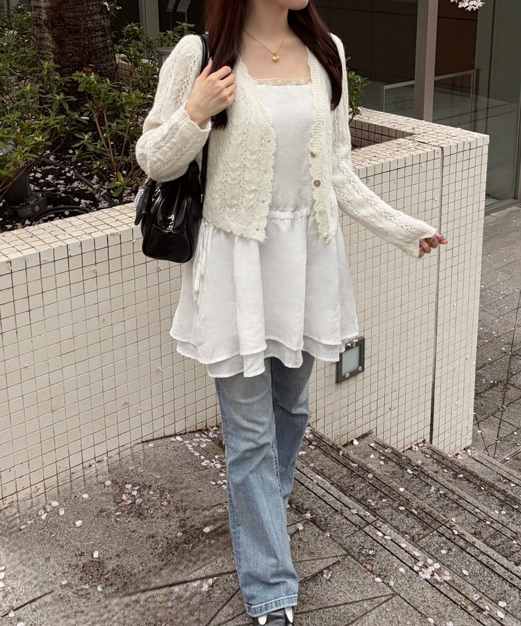 레이스 리본 레이어드 원피스 아이보리