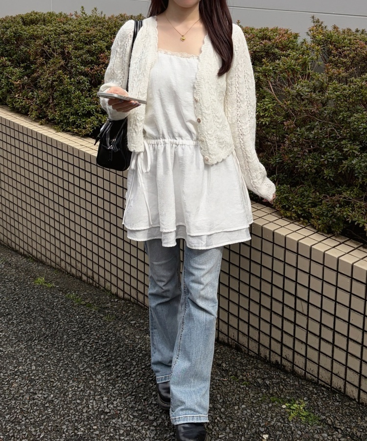 레이스 리본 레이어드 원피스 아이보리