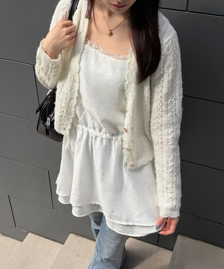 레이스 리본 레이어드 원피스 아이보리