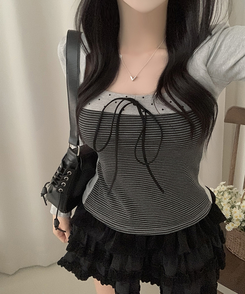 リボンストライプボレロ長袖Tシャツ LIGHT GREY