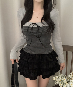 リボンストライプボレロ長袖Tシャツ LIGHT GREY