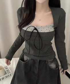 リボンストライプボレロ長袖Tシャツ DARK GRAY