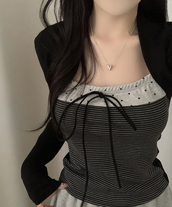 リボンストライプボレロ長袖Tシャツ BLACK