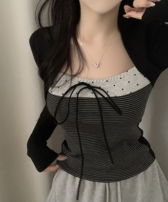 リボンストライプボレロ長袖Tシャツ BLACK