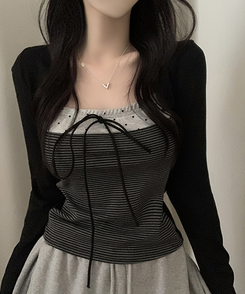 リボンストライプボレロ長袖Tシャツ BLACK