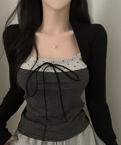 リボンストライプボレロ長袖Tシャツ BLACK