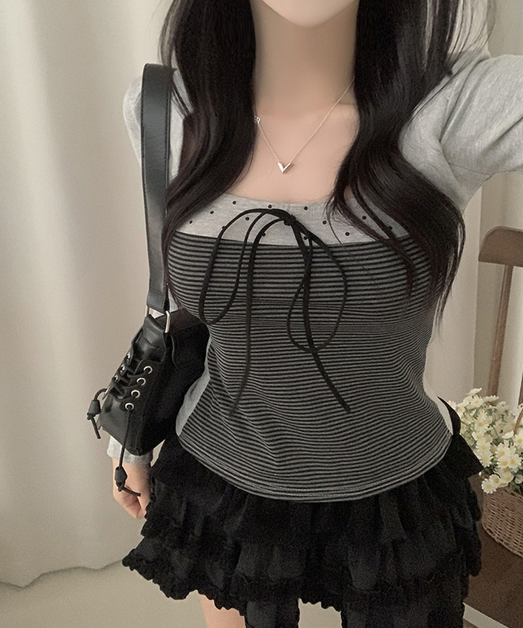 リボンストライプボレロ長袖Tシャツ LIGHT GREY