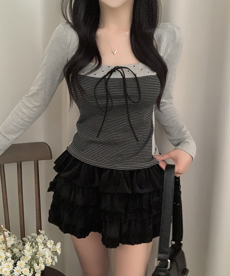 リボンストライプボレロ長袖Tシャツ LIGHT GREY