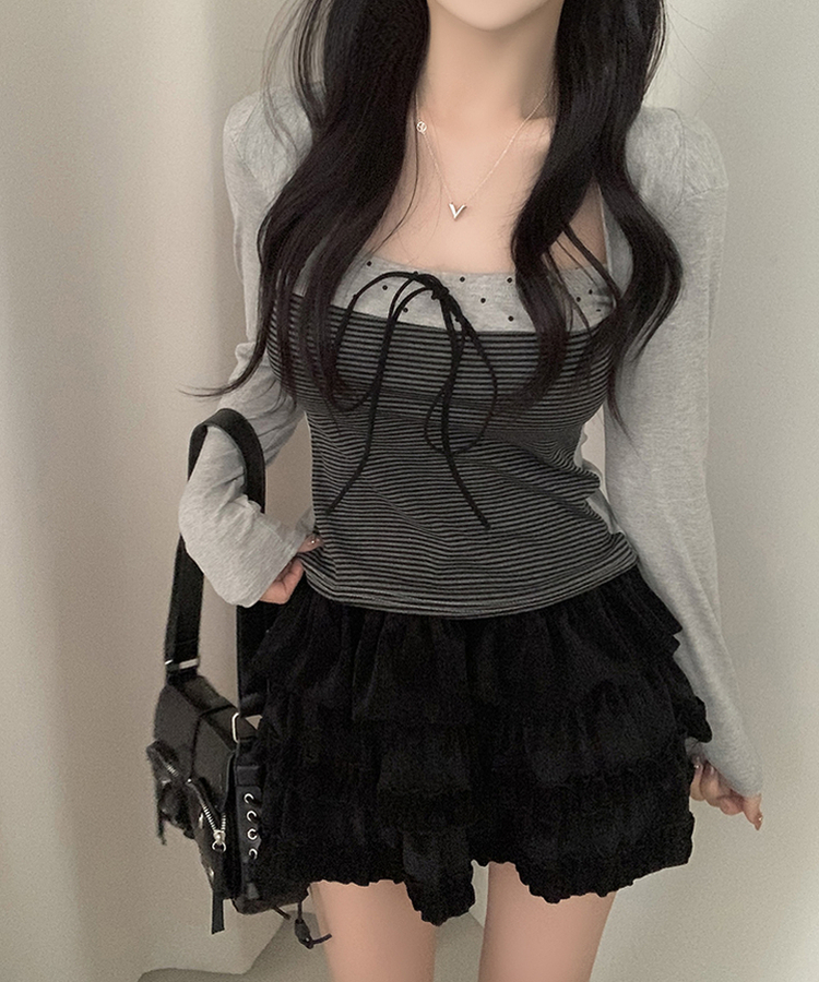 リボンストライプボレロ長袖Tシャツ LIGHT GREY