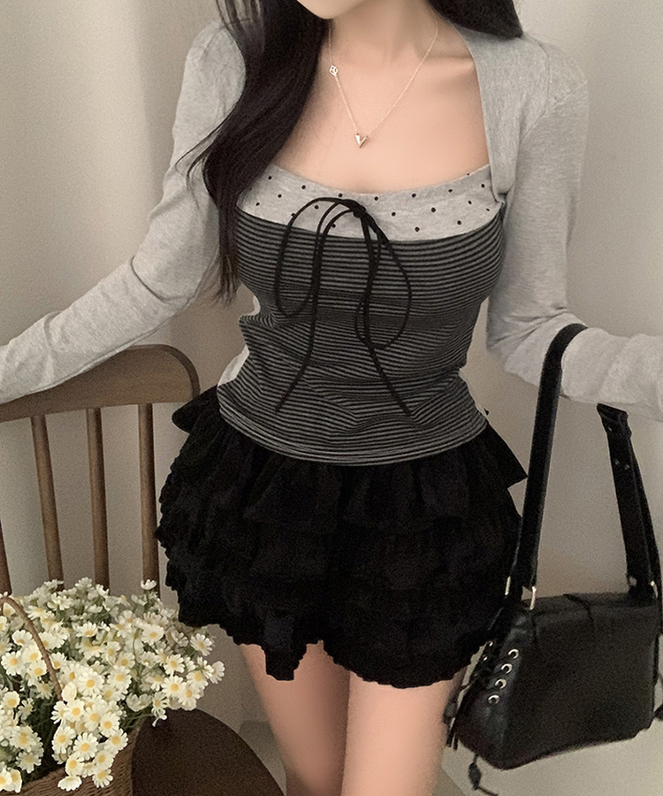 リボンストライプボレロ長袖Tシャツ LIGHT GREY