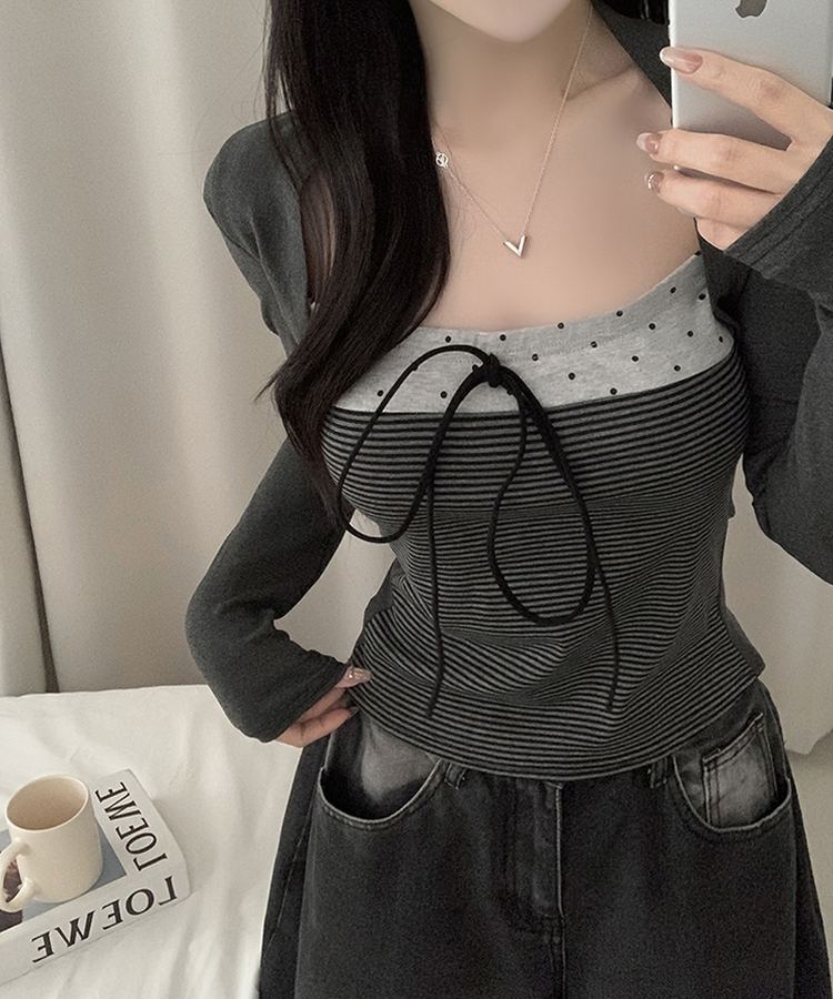 リボンストライプボレロ長袖Tシャツ DARK GRAY