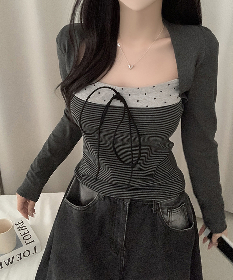 リボンストライプボレロ長袖Tシャツ DARK GRAY