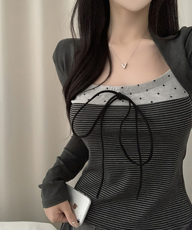 リボンストライプボレロ長袖Tシャツ DARK GRAY