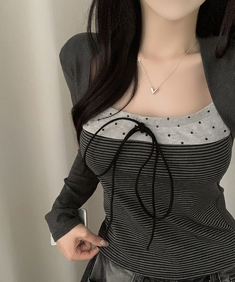 リボンストライプボレロ長袖Tシャツ DARK GRAY