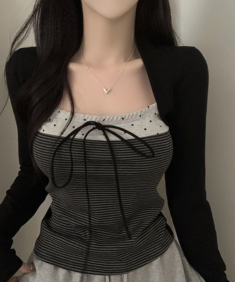 リボンストライプボレロ長袖Tシャツ BLACK