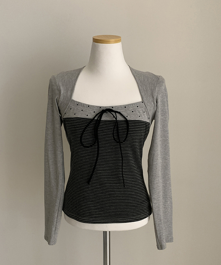 リボンストライプボレロ長袖Tシャツ