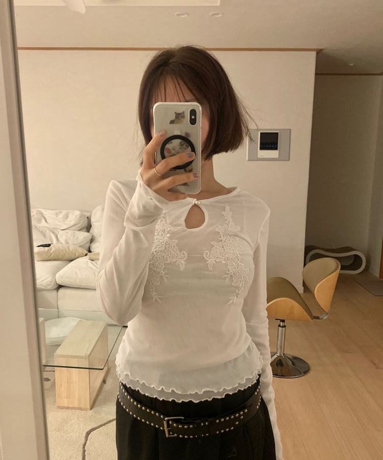 ラワー刺繍レイヤードブラウス WHITE
