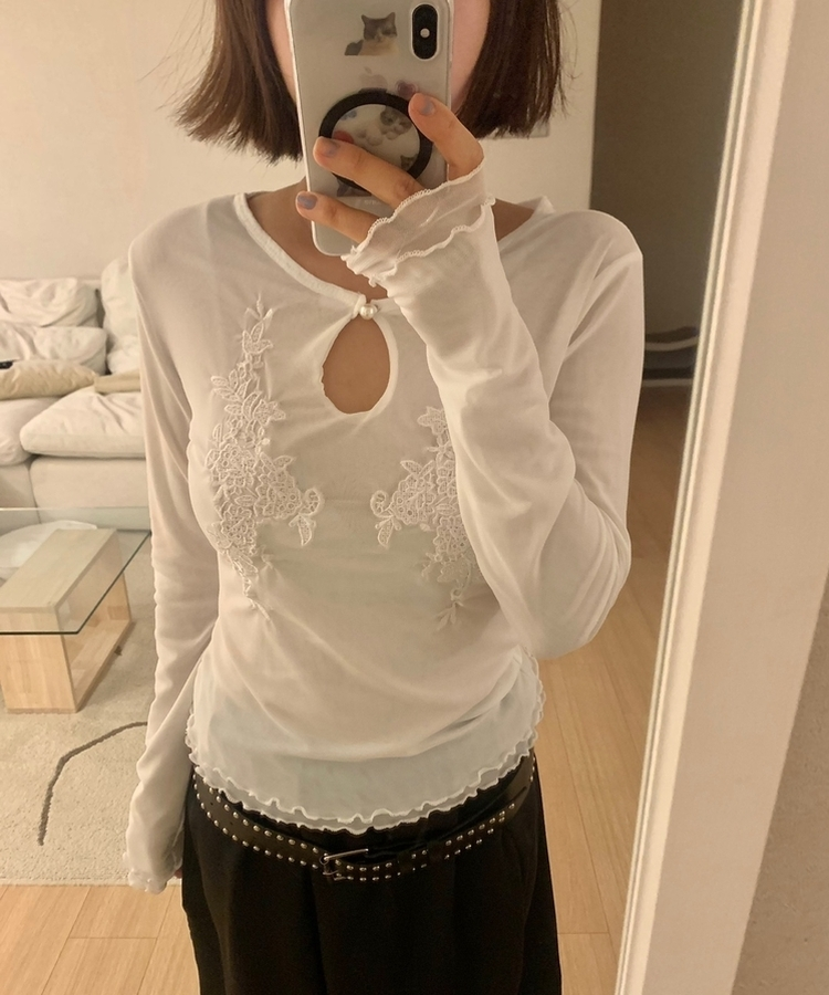 ラワー刺繍レイヤードブラウス WHITE