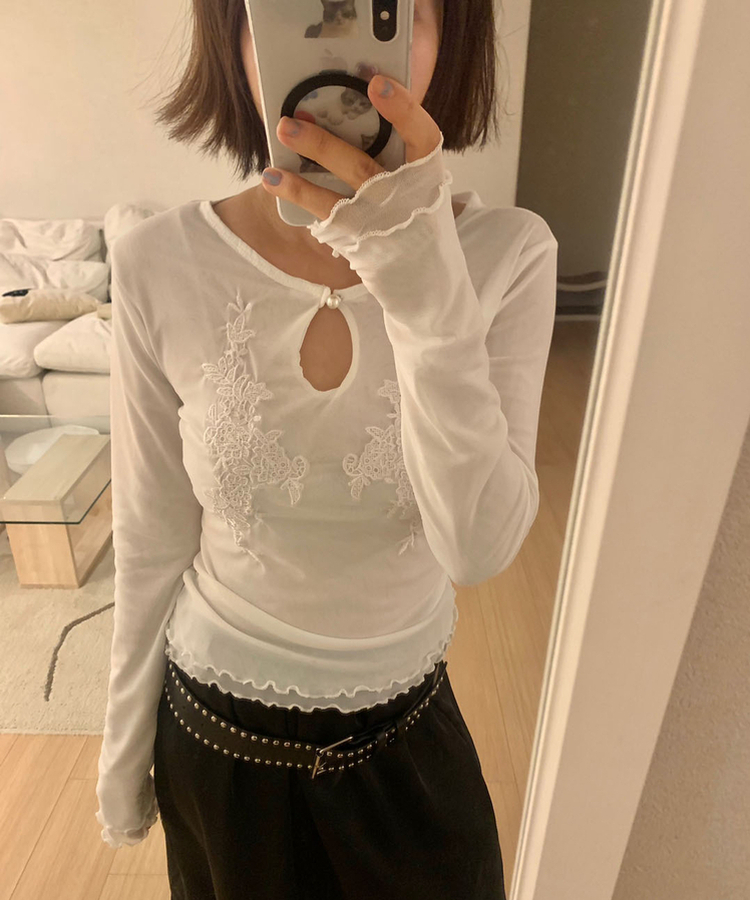 ラワー刺繍レイヤードブラウス WHITE
