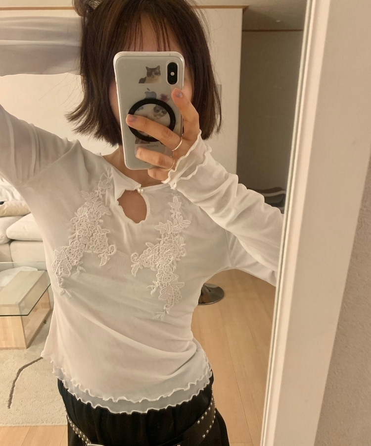 ラワー刺繍レイヤードブラウス WHITE