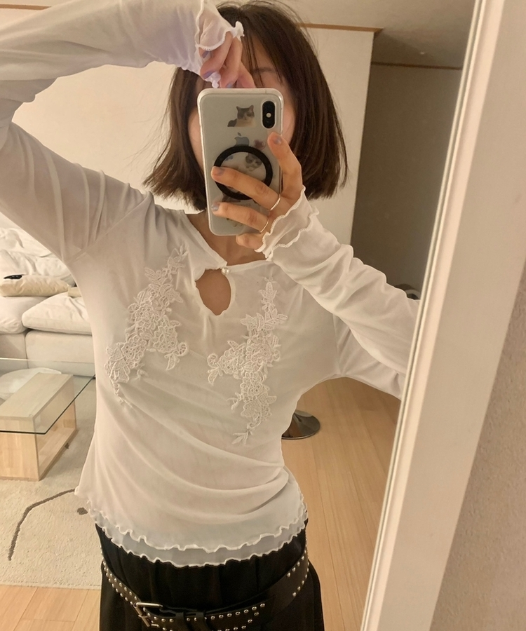 ラワー刺繍レイヤードブラウス WHITE