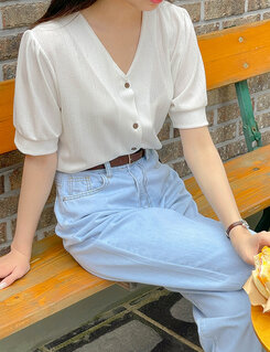バルーン袖Vネックニットブラウス IVORY