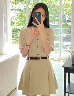バルーン袖Vネックニットブラウス BEIGE