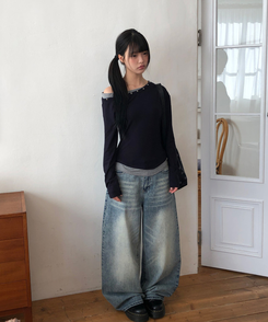 アンバランススタッドワンショルTシャツ(5color) NAVY