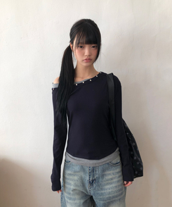 アンバランススタッドワンショルTシャツ(5color) NAVY