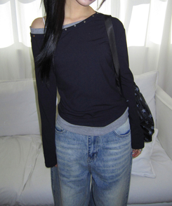 アンバランススタッドワンショルTシャツ(5color) NAVY