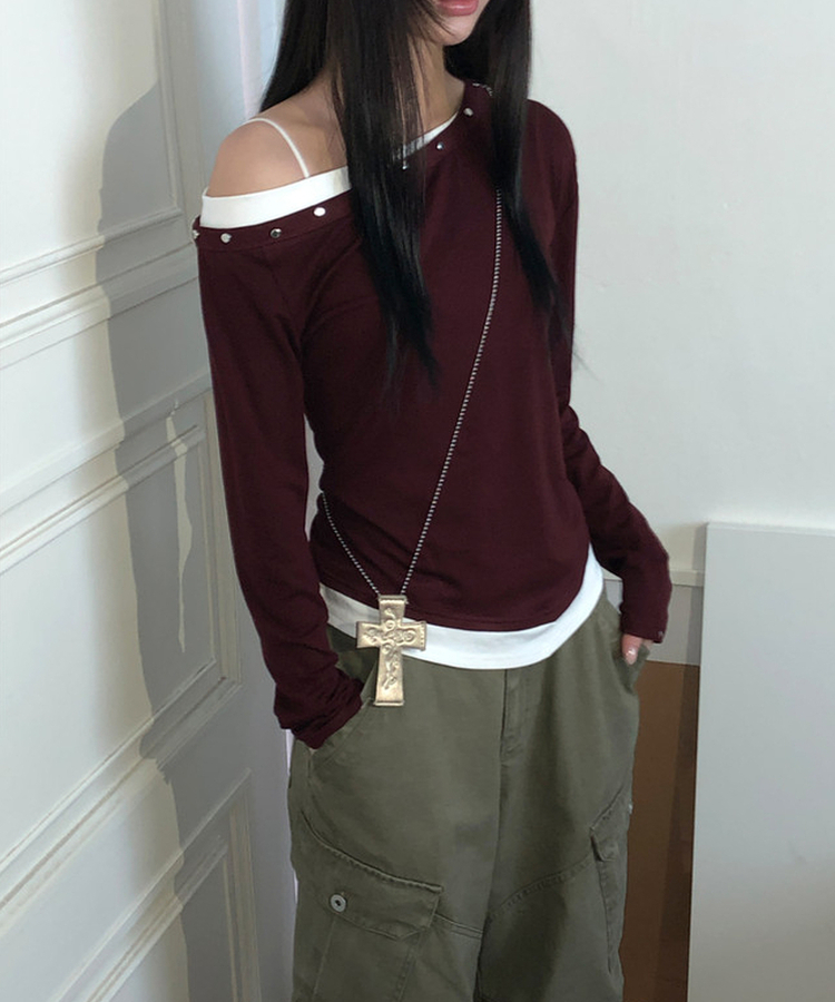 アンバランススタッドワンショルTシャツ(5color) BURGUNDY