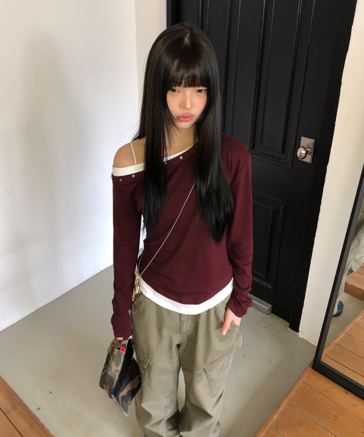 アンバランススタッドワンショルTシャツ(5color) BURGUNDY
