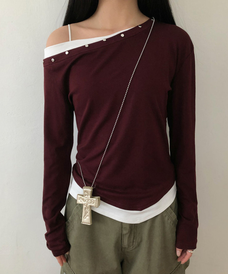 アンバランススタッドワンショルTシャツ(5color) BURGUNDY