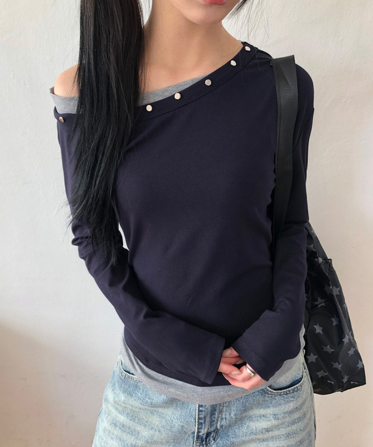 アンバランススタッドワンショルTシャツ(5color) NAVY